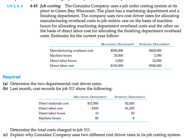 Machine generated alternative text: 4 445 Job costing The Gonzalez Company uses a job order costing system at its
plant in Green Bay, Wisconsin. The plant has a machining department and a
finishing department. The company uses two cost driver rates for allocating
manufacturing overhead costs to job orders: one on the basis of machine
hours for allocating machining department overhead costs and the other on
the basis of direct labor cost for allocating the finishing department overhead
costs. Estimates for the current year follow:
MACHt1NC DEm4Err Ft..isiiuc DLl’ARmIrxr
Manufacturing overhead cost $500,000 $400,000
Machine hours 20,000 2,000
Direct labor hours 5,000 22,000
Direct labor cost $150,000 $500,000
Required
(a) Determine the two departmental cost driver rates.
(b) Last month, cost records for job 511 show the following:
MAcilNINc Du’AinIrr FtNmwc(, DirIrn*N1
Direct materials cost $12,000 $2,000
Direct labor cost S3Œ) $1,200
Direct Labor hours 10 50
Machine hours 80 8
Determine the total costs charged to job 511.
(c) Explain why Gonzalez Company uses two different cost driver rates in its job costing system.